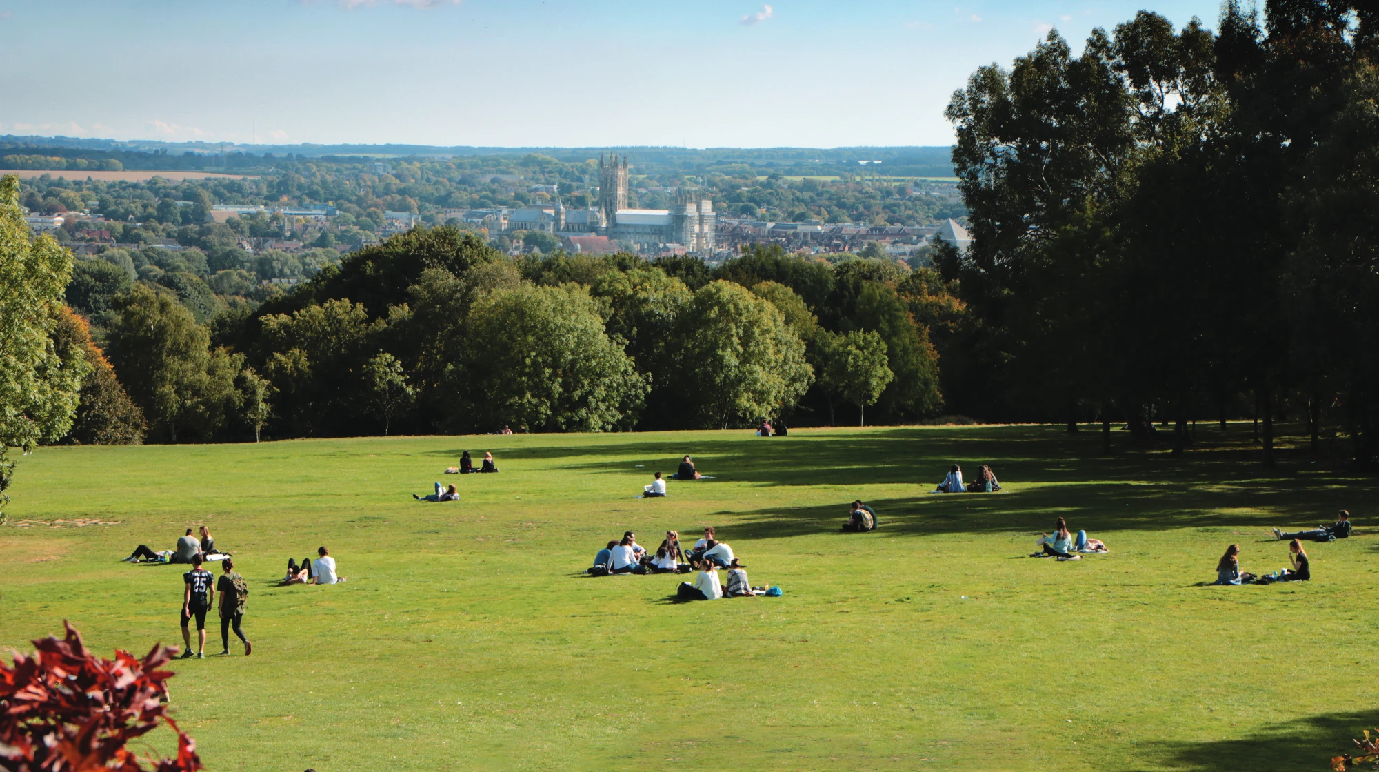 View across a large green campus, with students sat in groups, towards canterbury cathedral in the background
